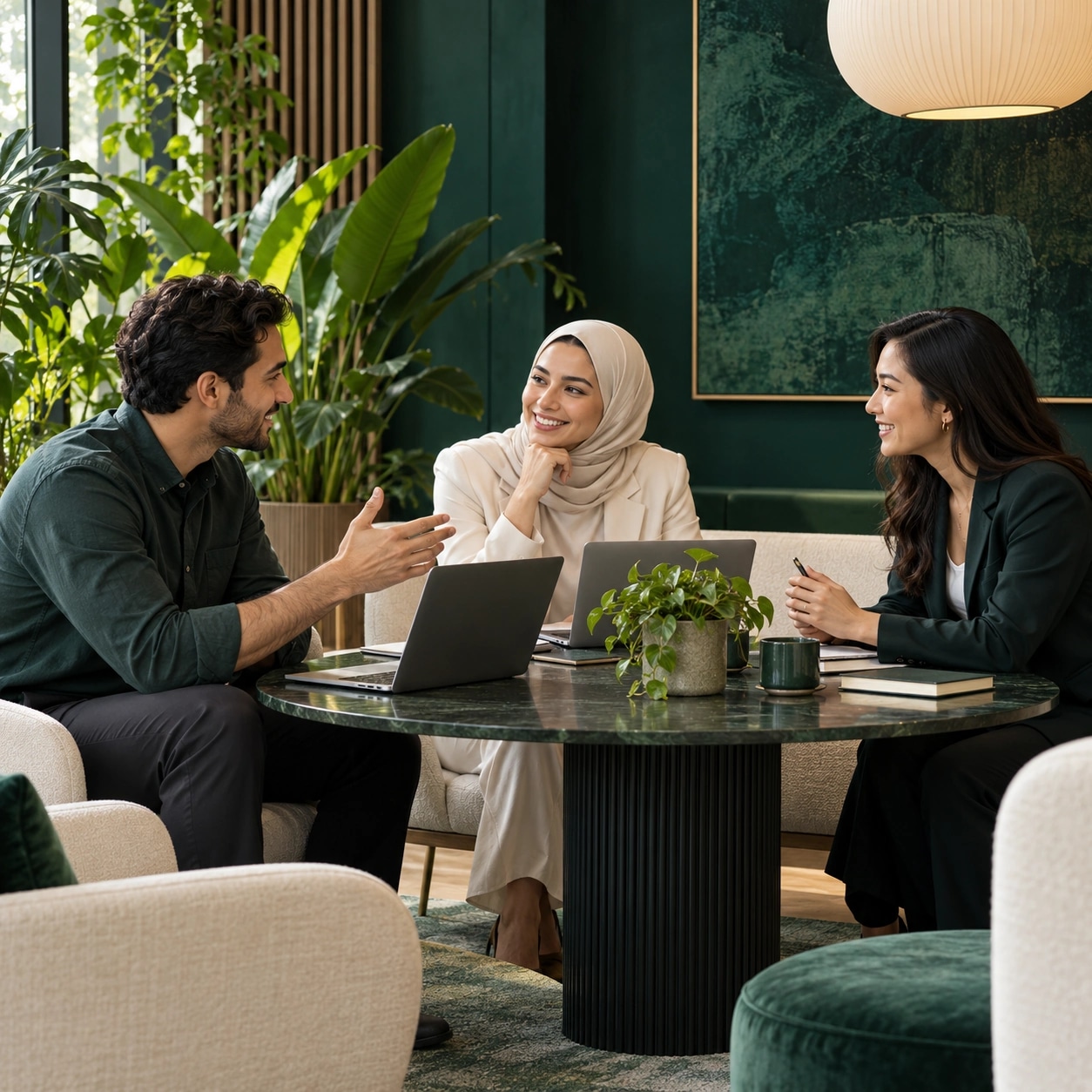 Concept illustration of colleagues collaborating in a green virtual meeting space
