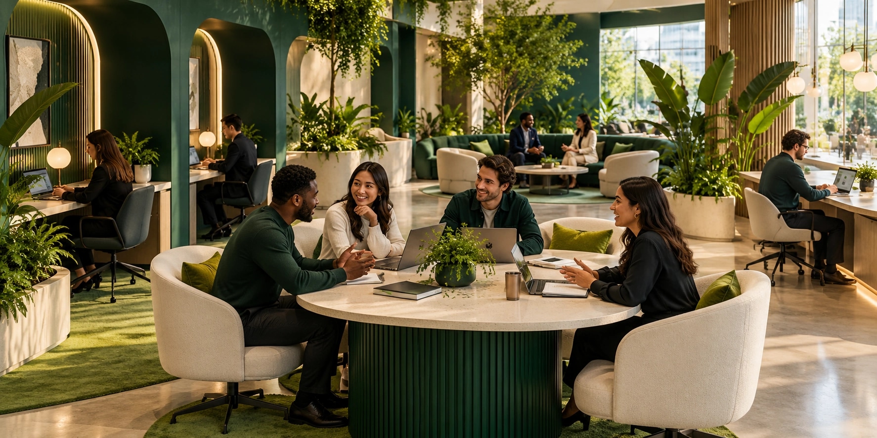 Concept illustration of a shared virtual office with work, meeting, and lounge areas
